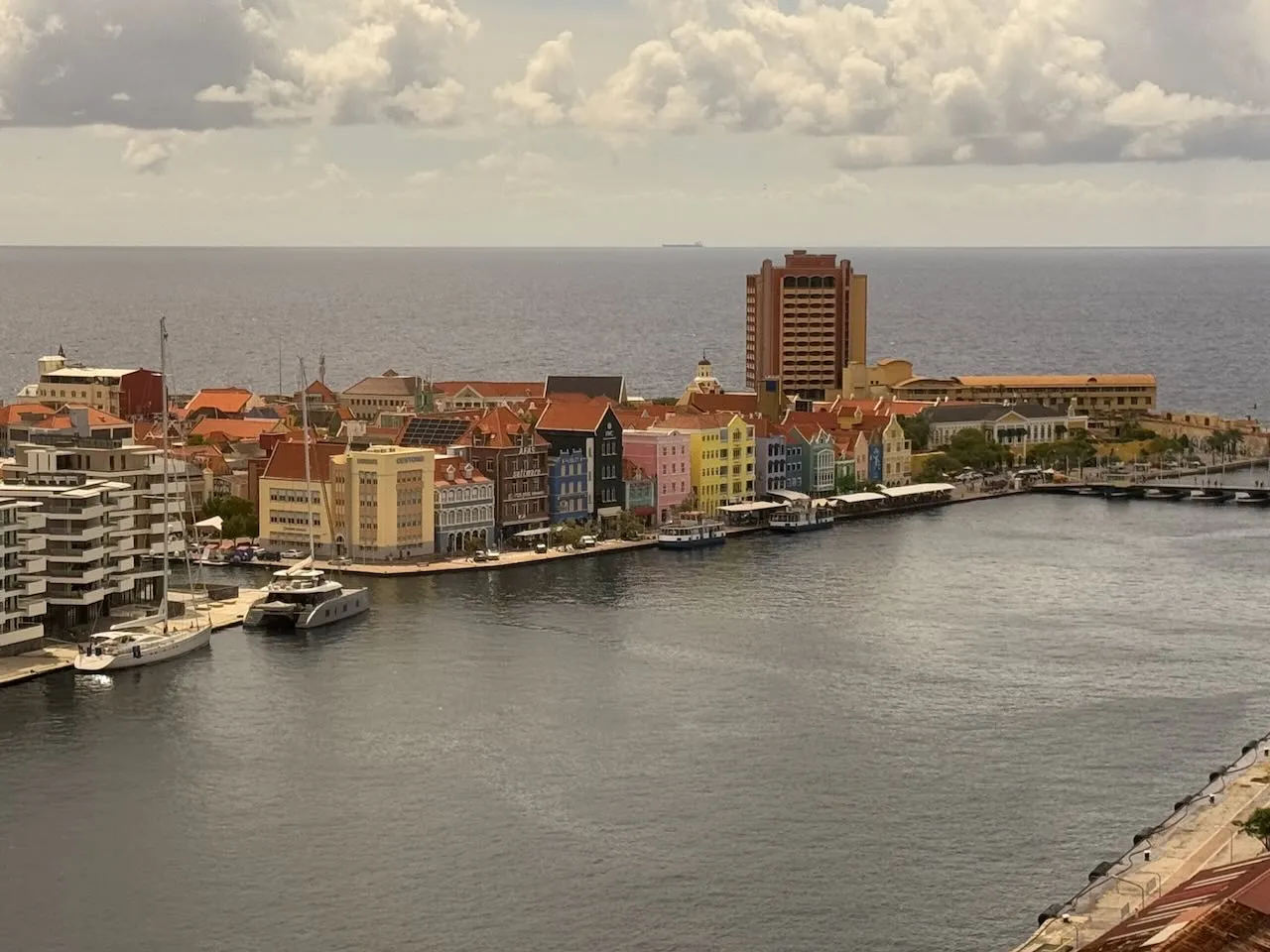 Colorful Punda waterfront and Handelskade buildings from elevated view with harbor